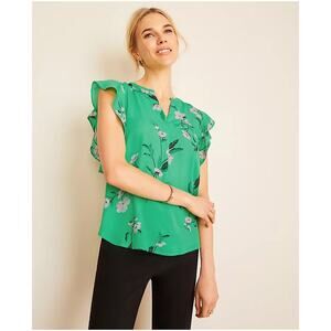NWT ANN TAYLOR Green Floral Mixed Media Flutter Sleeve Top | S